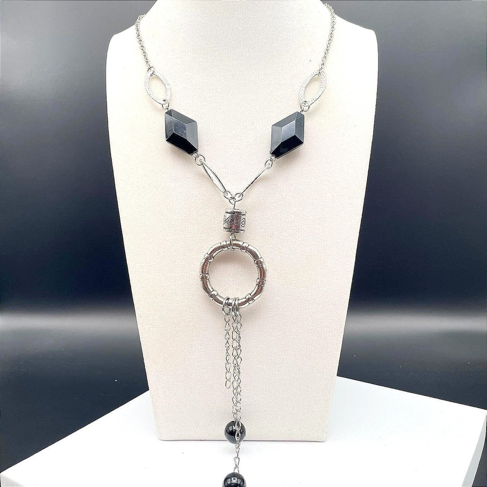 Vintage Silver Tone‎ Black Bead Geometric Pendant Necklace Y2K Statement